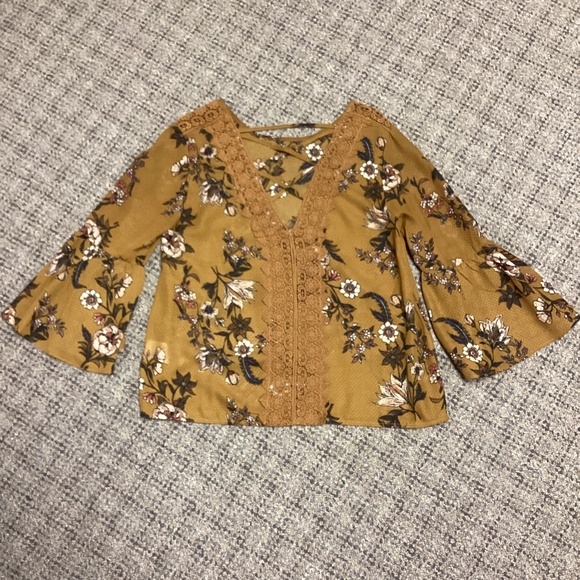 Golden Mustard Brown Floral Blouse with Embroidered Appliqués & Bell Sleeves * M - Picture 1 of 11